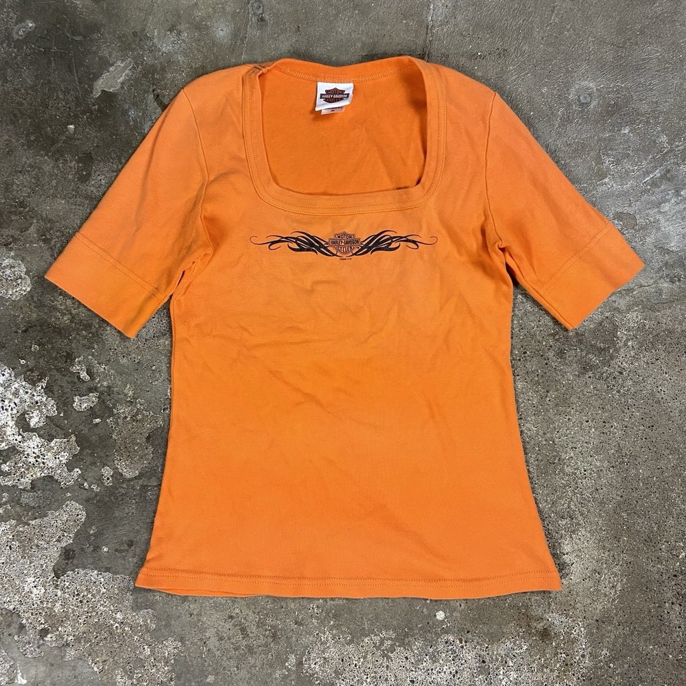 Vintage Y2K Harley Davidson T-Shirt Women's Size Medium Orange Tribal Graphic